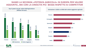 SIAMO LA SECONDA «POTENZA AGRICOLA» IN EUROPA PER VALORE AGGIUNTO...MA CON LA CRESCITA PIÙ BASSA RISPETTO AI COMPETITOR Top 5 paesi Ue per valore dell’agricoltura (Milioni di euro) Francia: Produzione 95.964 - Valore aggiunto 39.168 Germania: Produzione 76.614 - Valore aggiunto 31.138 Italia: Produzione 71.851 - Valore aggiunto 38.198 Spagna: Produzione 65.513 - Valore aggiunto 33.244 Polonia: Produzione 39.472 - Valore aggiunto 14.280 Variazione % 2023 vs 2018 del valore aggiunto agricolo Polonia: +75% Portogallo: +71% Germania: +49% Spagna: +45% UE-27: +41% Francia: +35% Italia: +24% 